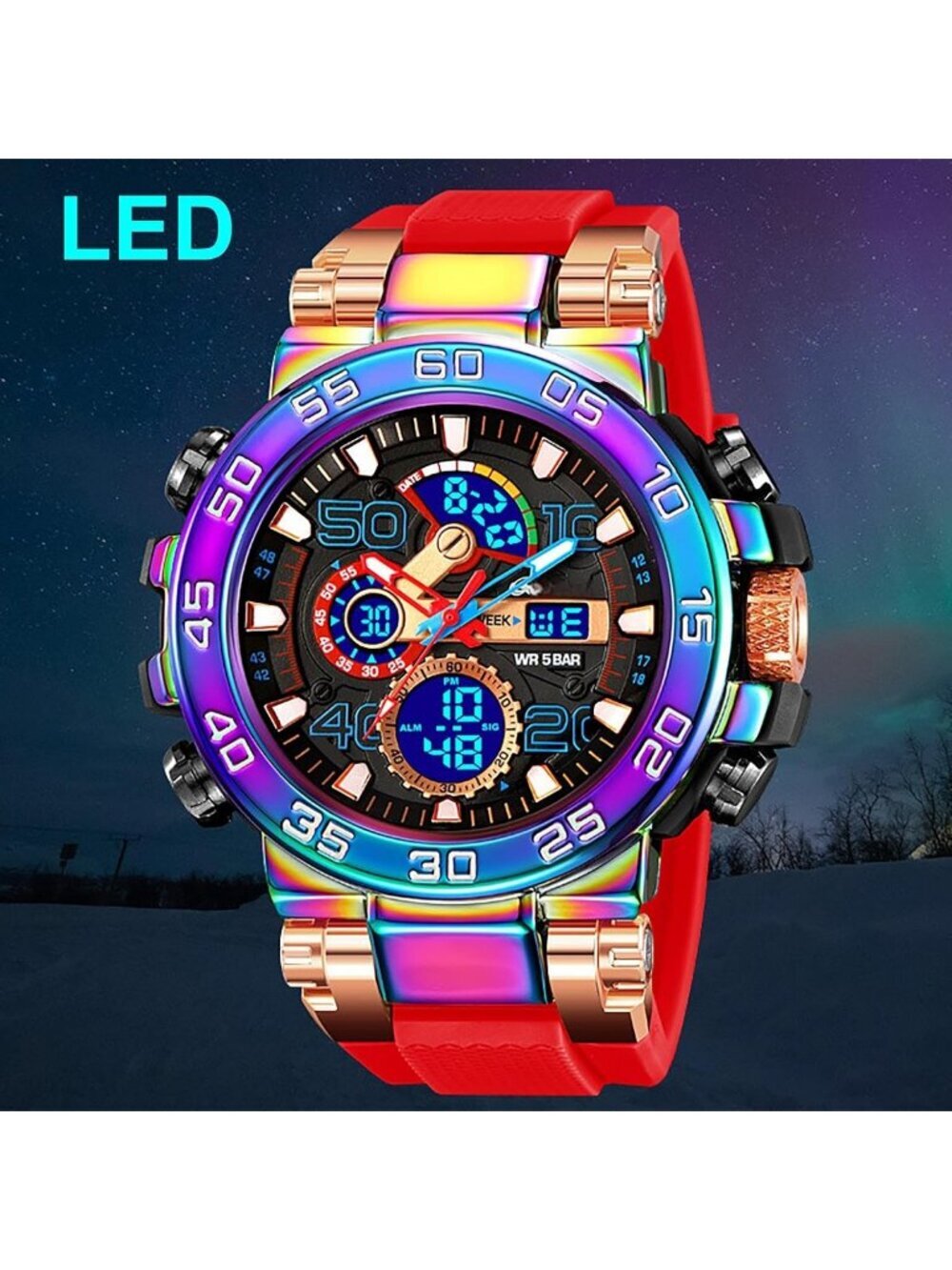 Men's Red Analog Quartz Waterproof Sports Outdoor Military LED Digital Watch - Picture 3 of 6